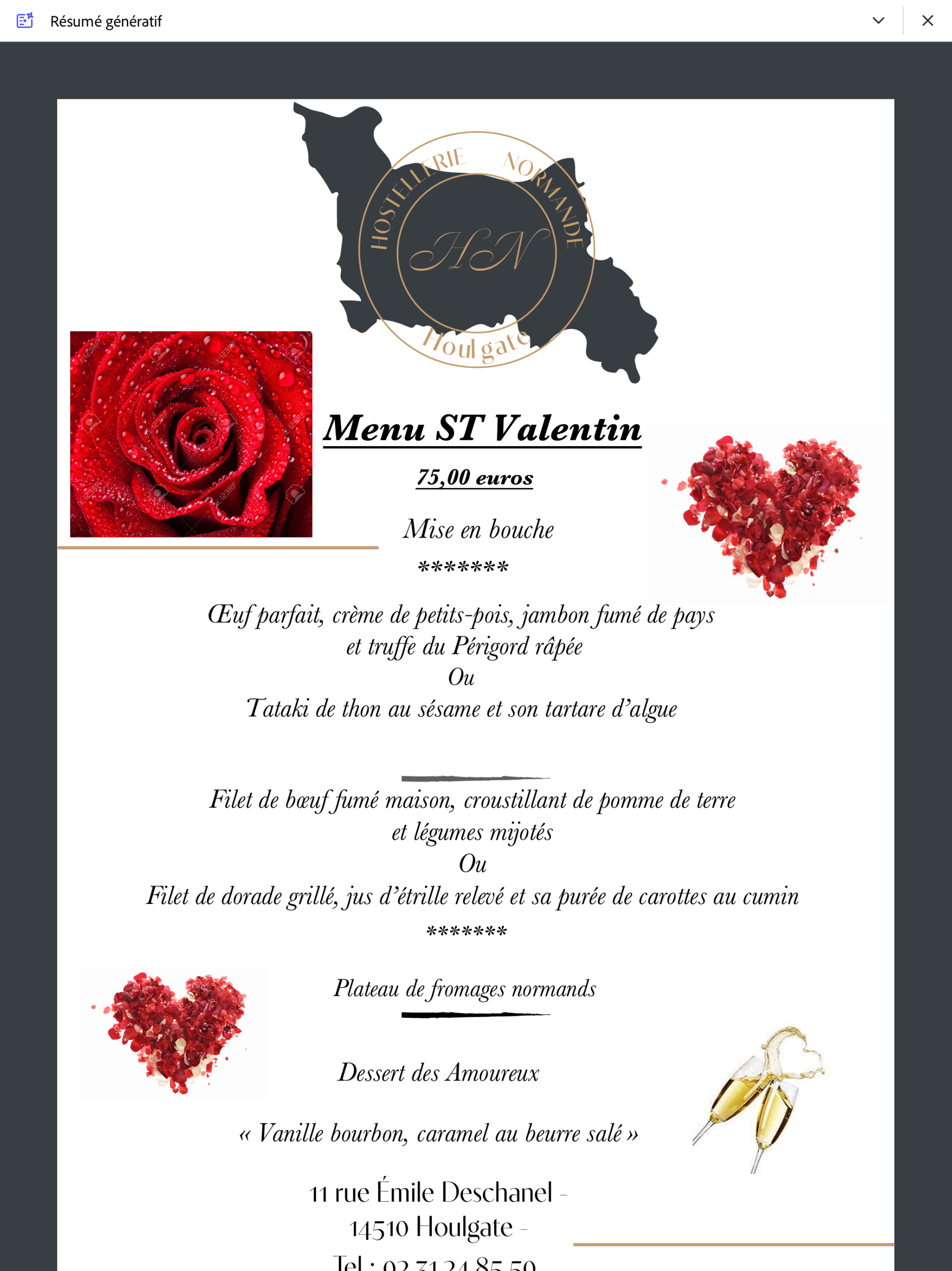 Menu st Valentin